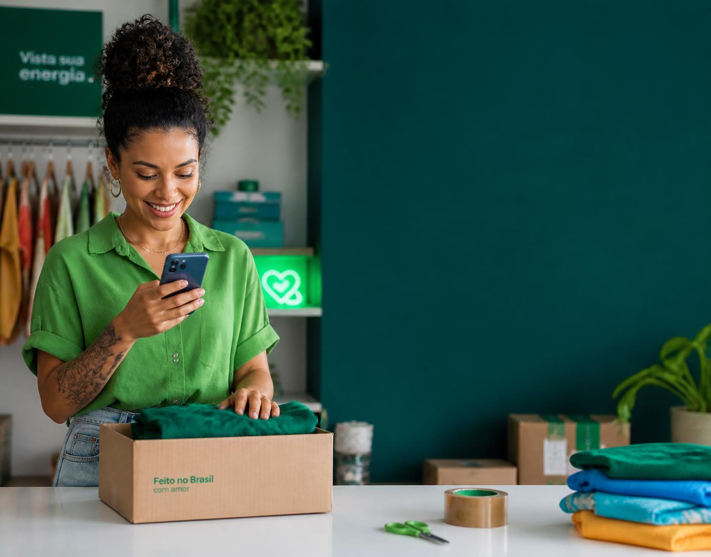 Vendedora embalando um pedido enquanto responde clientes pelo celular
